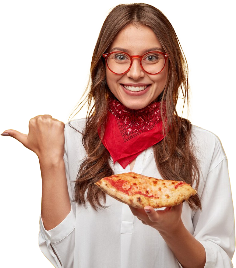 Woman holding a pizza
